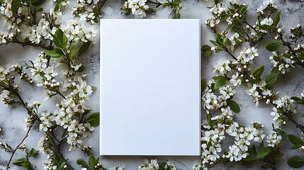 Blank book mockup, spring blossoms, marble background; design template