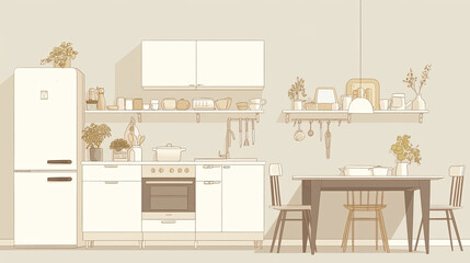 Minimalist modern kitchen interior with seating and shelves in light tones