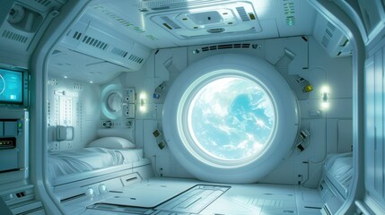 Futuristic Space Habitat with Large Circular Window Viewing Earth and Sleek Design Features, Ideal for Science Fiction and Tech Illustrations