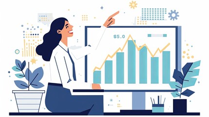 Businesswoman Analyzing Data Trends on a Graphical Monitor with Positive Growth