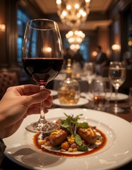 of a fine dining experience, hands holding a glass of red wine, beautifully plated gourmet meal in front, dim romantic lighting, elegant ambiance