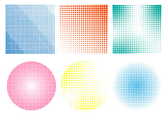 Fototapeta premium Set of halftone dots of square, round shape isolated empty background. Set of colored halftone dots faded gradient texture. Retro pixelated vector backdrop halftone. Abstract dotted circles halftone.
