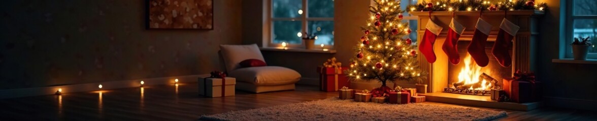 Fototapeta premium Sparkling lights illuminate Christmas tree and surrounding fireplace, stockings, holiday cheer