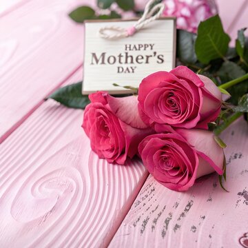 Pink roses on pink wood table, Happy Mother's Day background closeup with greeting message text.