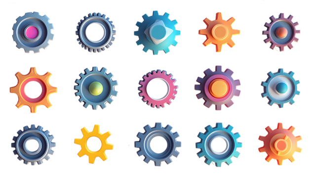 A set of setting icons 3D image on a transparent background