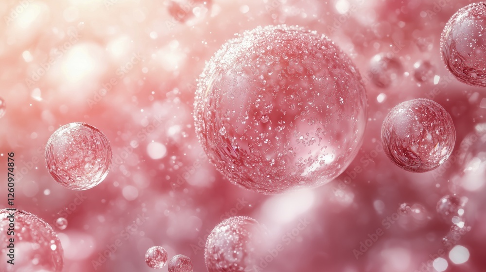 Poster bubbles floating in a pink atmosphere create a dreamy and serene environment
