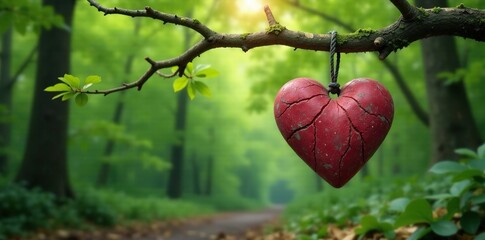 Stone heart hangs suspended from a twisted tree limb, natural, branch, foliage