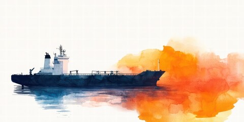 A watercolor painting of a ship emitting smoke, set against a backdrop of colorful, flowing hues reflecting on the water.