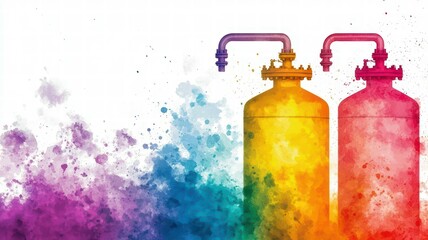 Two colorful gas cylinders with vibrant splashes of color in the background, creating an artistic and dynamic visual effect.