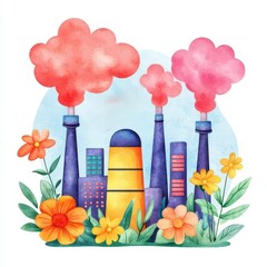 A colorful illustration of industrial buildings emitting pink smoke, surrounded by vibrant flowers and greenery, highlighting the contrast between nature and pollution.
