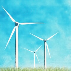 A serene landscape featuring three white wind turbines against a bright blue sky, symbolizing renewable energy and sustainable practices.