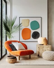 Modern Living Room Design Featuring Cozy Orange Chair, Colorful Wall Art, Stylish Accessories And Relaxing Ambience