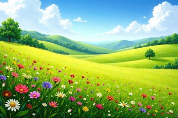 Sunny meadow landscape with wildflowers and rolling hills, wildflowers, nature, fields