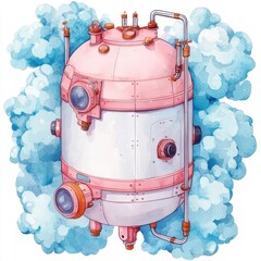 A whimsical, pink and white futuristic submarine-like vessel floats amidst fluffy blue clouds, blending technology and imagination.