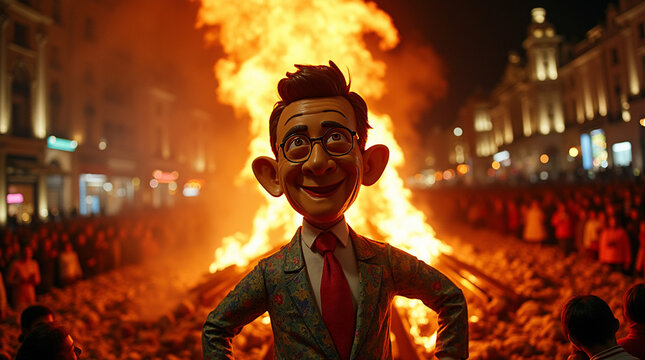 Las Fallas banner festival. Un ninot de papel mach&eacute; sat&iacute;rico de empresario ardiendo en la hoguera.