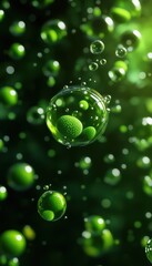 A vibrant close-up of green bubbles floating in a dark background, creating a lively, organic atmosphere filled with depth and texture.