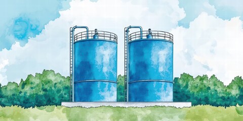 Two blue water storage tanks sit on a grassy field, surrounded by trees under a bright, cloudy sky.