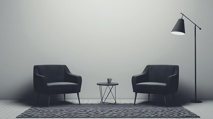 Modern minimalist living room interior design with armchairs and floor lamp