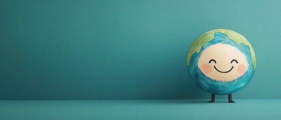 A cheerful, cartoonish globe character stands against a teal background, promoting positivity and environmental awareness.
