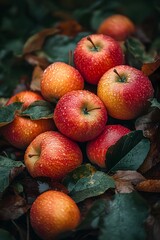Freshly Harvested Vibrant Red Apples Surrounded by Autumn Leaves in a Rustic Natural Setting
