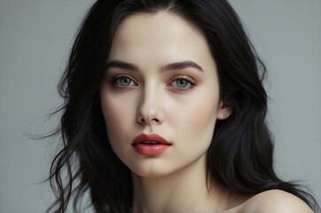 Naklejka premium Thoughtful Beautiful Woman with Long Black Hair in Black Sweater Against Light Background, Exuding Elegance and Melancholy