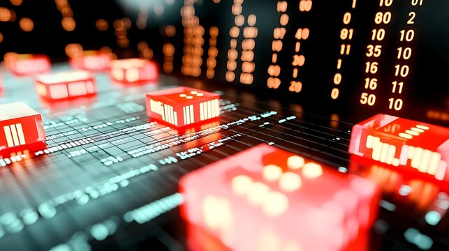 Abstract representation of digital data processing with glowing blocks and binary code backdrop