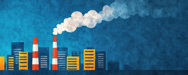 A colorful illustration of an industrial cityscape with smokestacks emitting clouds of smoke against a blue background.