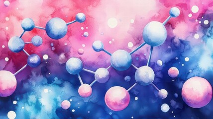 A vibrant, abstract representation of molecules in a cosmic background, blending pink, blue, and purple hues, evoking a sense of science and creativity.