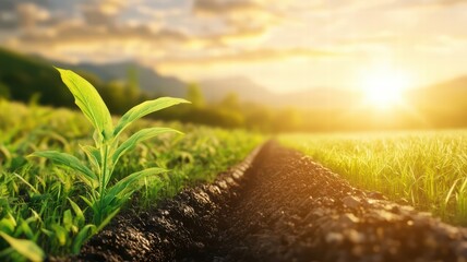 A vibrant sunrise illuminates a lush field with a young plant, symbolizing growth and renewal in a serene landscape.