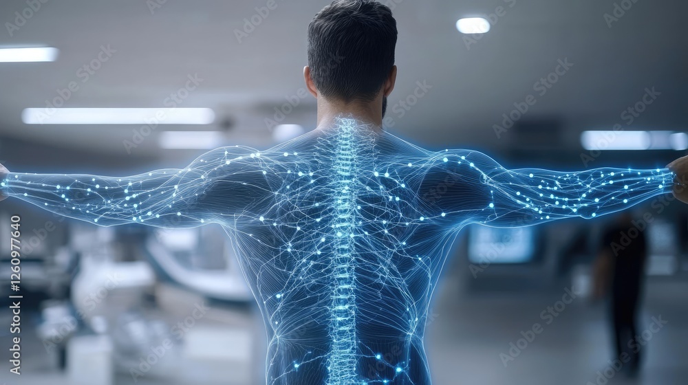 Poster three men display their torso with highlighted lung structures, illustrating the anatomy of the resp