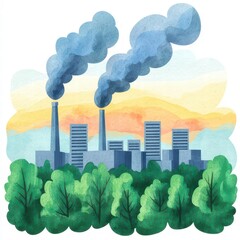 A colorful illustration of factories emitting smoke, surrounded by green trees and a sunset backdrop, highlighting industrialization and environmental impact.