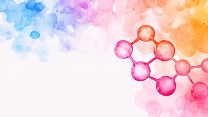 A colorful abstract background featuring a molecular structure with vibrant watercolor splashes in blue, pink, and orange.