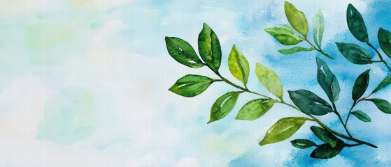 A delicate watercolor illustration featuring green leaves against a soft blue background, evoking a serene and natural atmosphere.