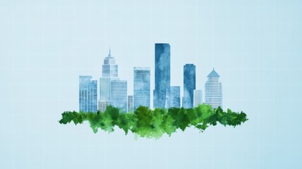 A watercolor illustration of a city skyline surrounded by green foliage against a light blue background.