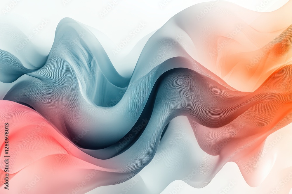 Poster Colorful flowing fabric gracefully undulating against a white background creating an ethereal atmosphere and soft light effects in a serene setting