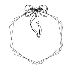 Hand drawn elegant frame with bow in linear style. Minimalist monochrome vector illustration. Perfect for invitations, greeting cards, logos, wedding designs, branding, prints, decorations