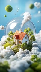 A whimsical house surrounded by clouds and greenery, encapsulated in a glass dome, symbolizing sustainability and a serene environment.