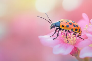 Fototapeta premium Colorful beetle perched on a pink flower with vivid background hues showcasing nature's diversity in a garden setting