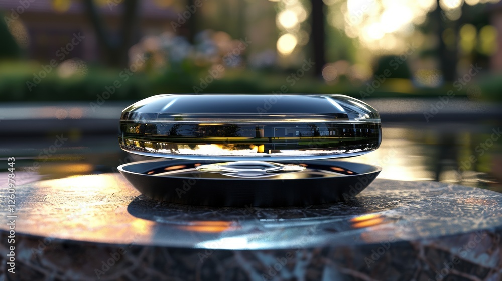 Poster futuristic technology device hovering above a reflective surface with an elegant design in a natural