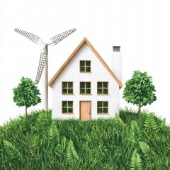A modern eco-friendly house surrounded by lush greenery and a wind turbine, symbolizing sustainability and renewable energy.