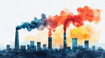 A vibrant watercolor depiction of factories emitting colorful smoke against a bright background, symbolizing industrial pollution.