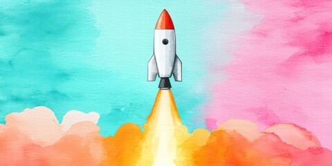A colorful illustration of a rocket launching into the sky, surrounded by clouds and vibrant splashes of blue and pink.