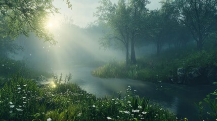 Sunlit river, misty forest, tranquil scene, morning calm, nature backdrop