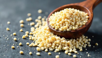 White puffed quinoa seeds scattered on a stone table, culinary, table, grains