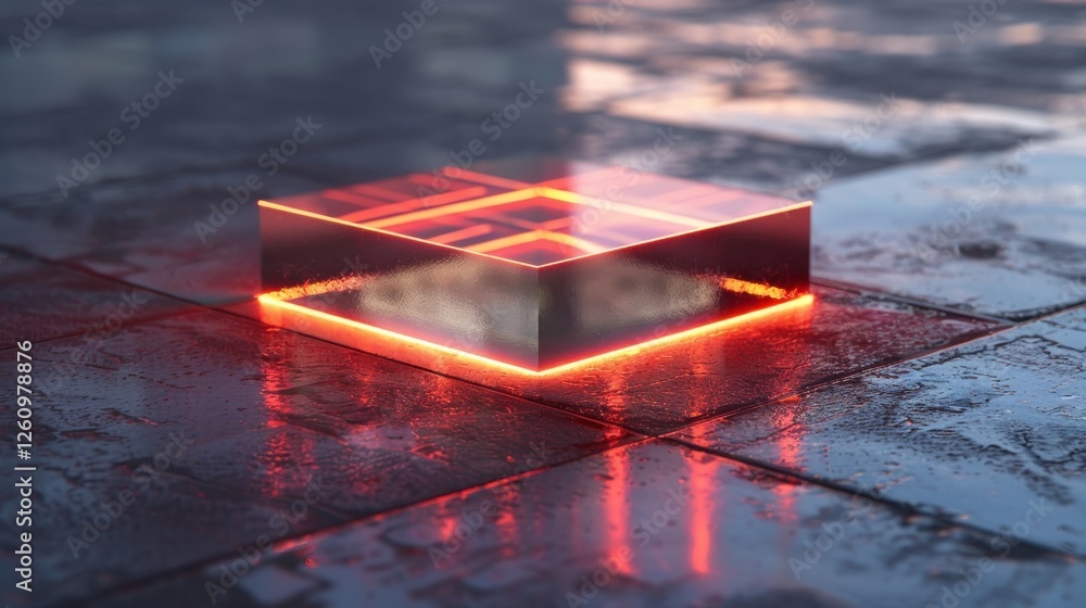 Poster futuristic technology platform glowing with neon light on a wet surface creating an innovative and a
