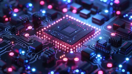 Obraz premium Detailed Close-Up of a Futuristic Microchip Surrounded by Vibrant LEDs on a High-Tech Circuit Board