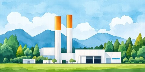 A vibrant illustration of a factory with two smokestacks, surrounded by trees and mountains under a bright, blue sky.