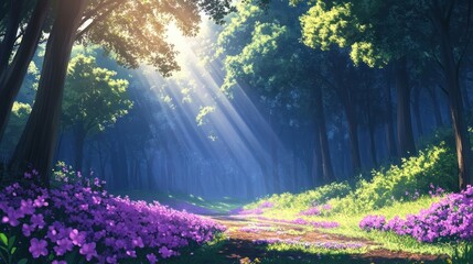 Obraz premium Sunlit Forest Path, Purple Flowers, Calm