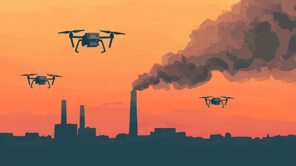 Drones fly over an industrial landscape at sunset, with smoke billowing from factories, highlighting the intersection of technology and pollution.