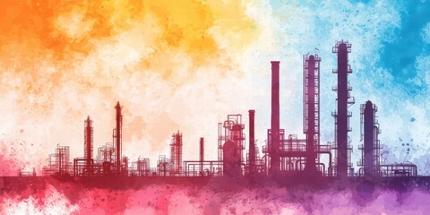 A vibrant silhouette of an industrial landscape with smokestacks against a colorful, abstract background.